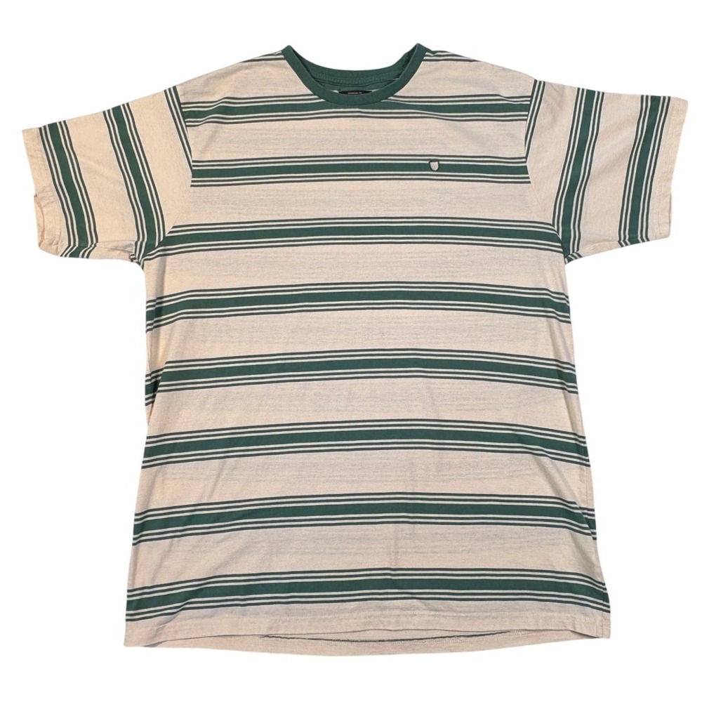 Brixton Mens T-Shirt Large Green Cream Striped Standard Fit Short Sleeve Tee